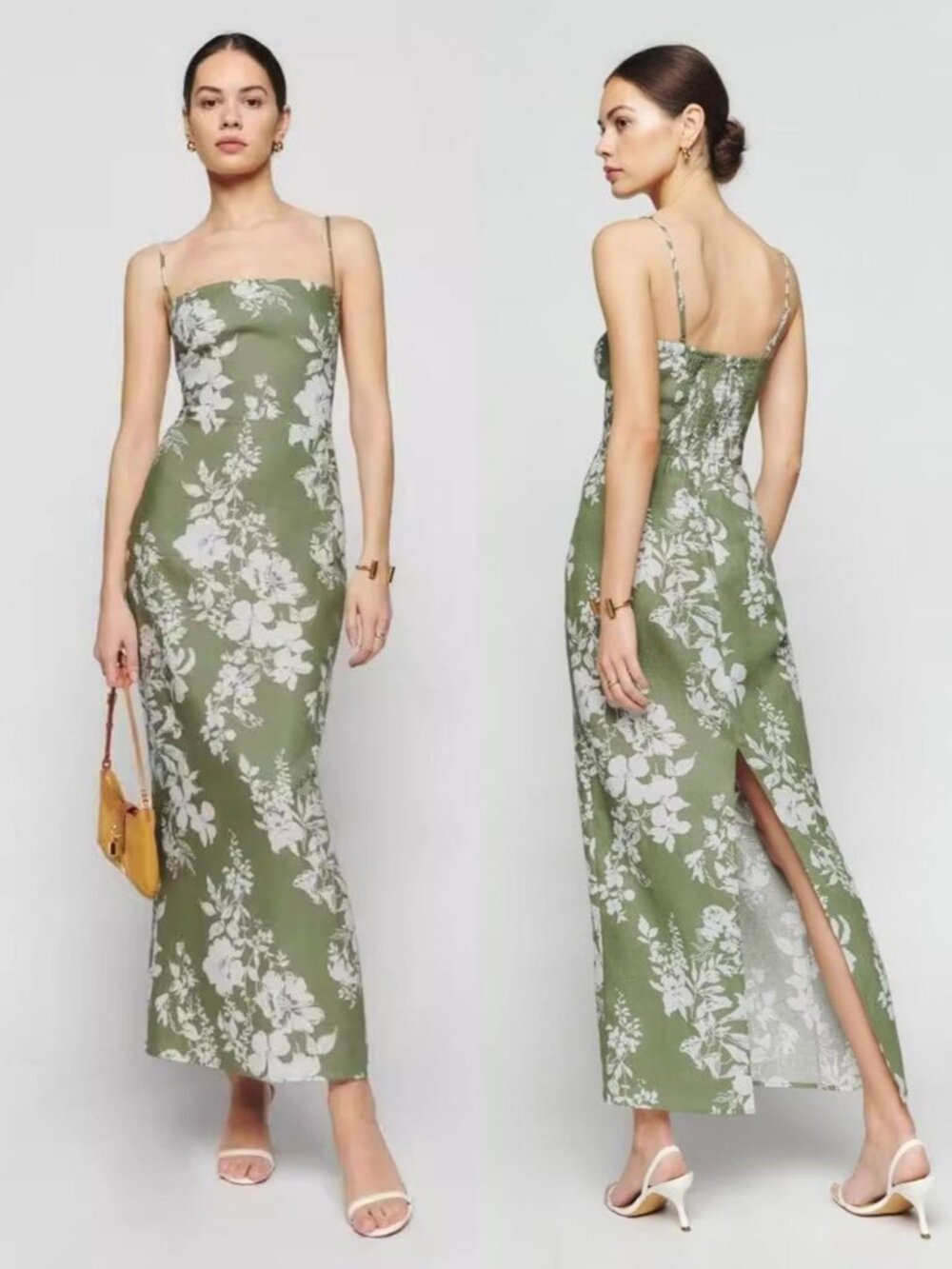 Reformation Frankie Linen Maxi Dress in Willow Green Floral 0